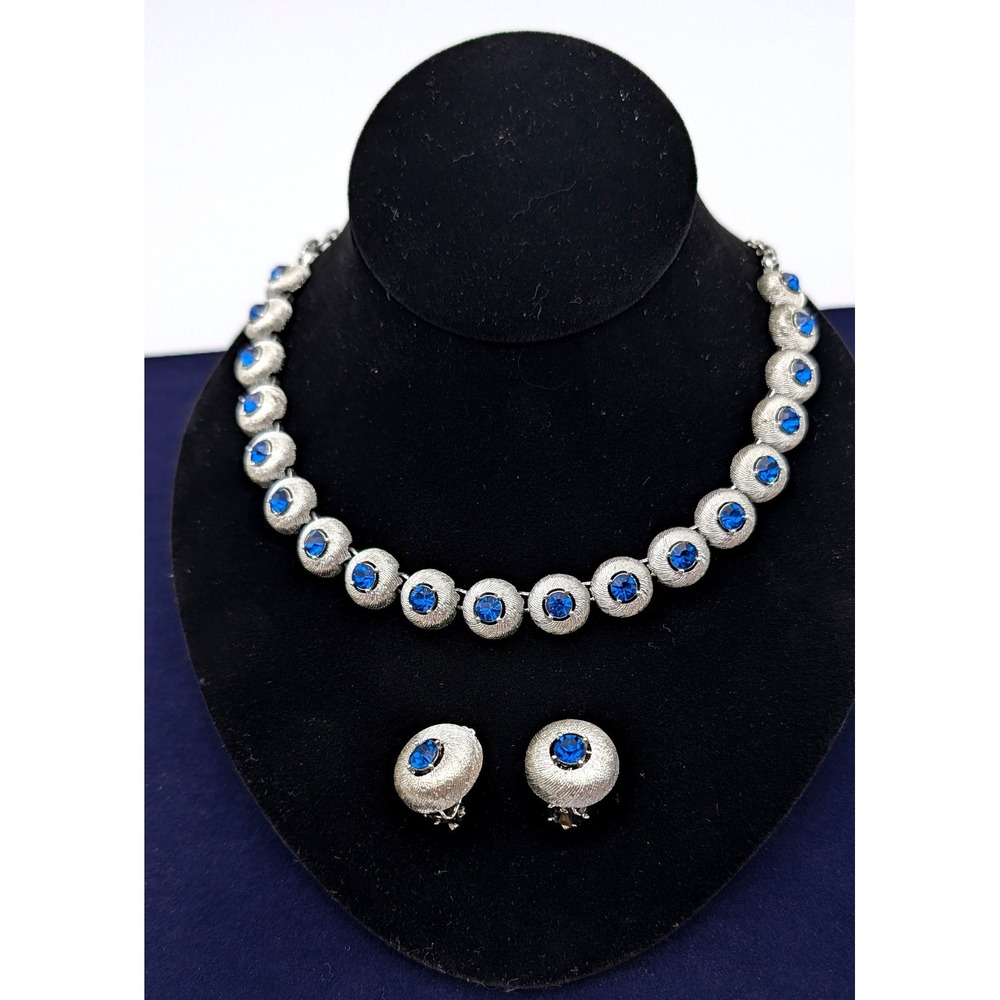 Vintage Silver Tone Blue Rhinestone Choker Necklace and Clip On Earrings Set